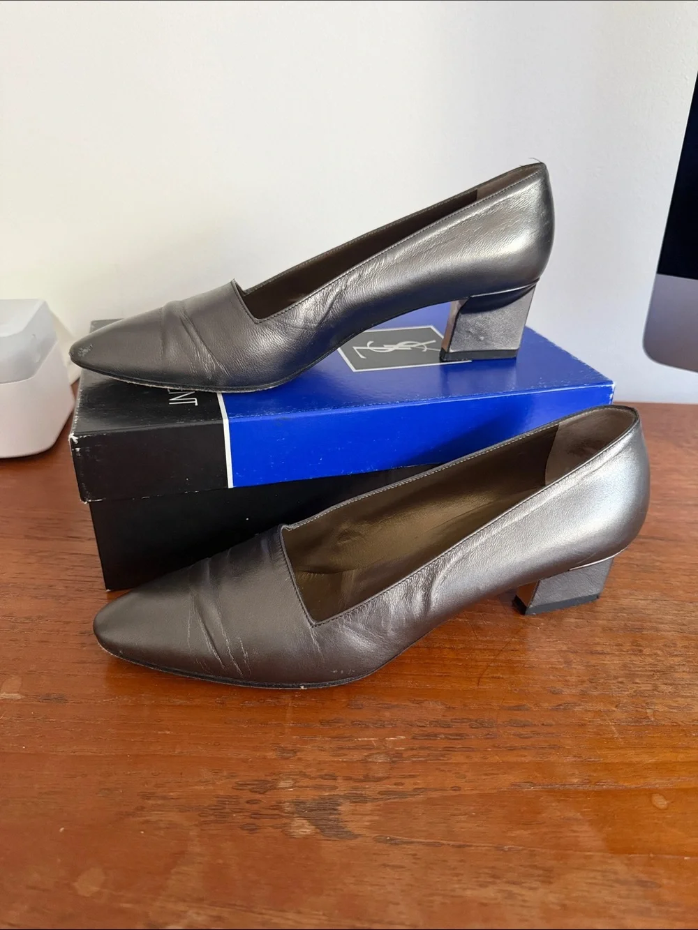Yves Saint Laurent Metallic Gray Low Heel loafers